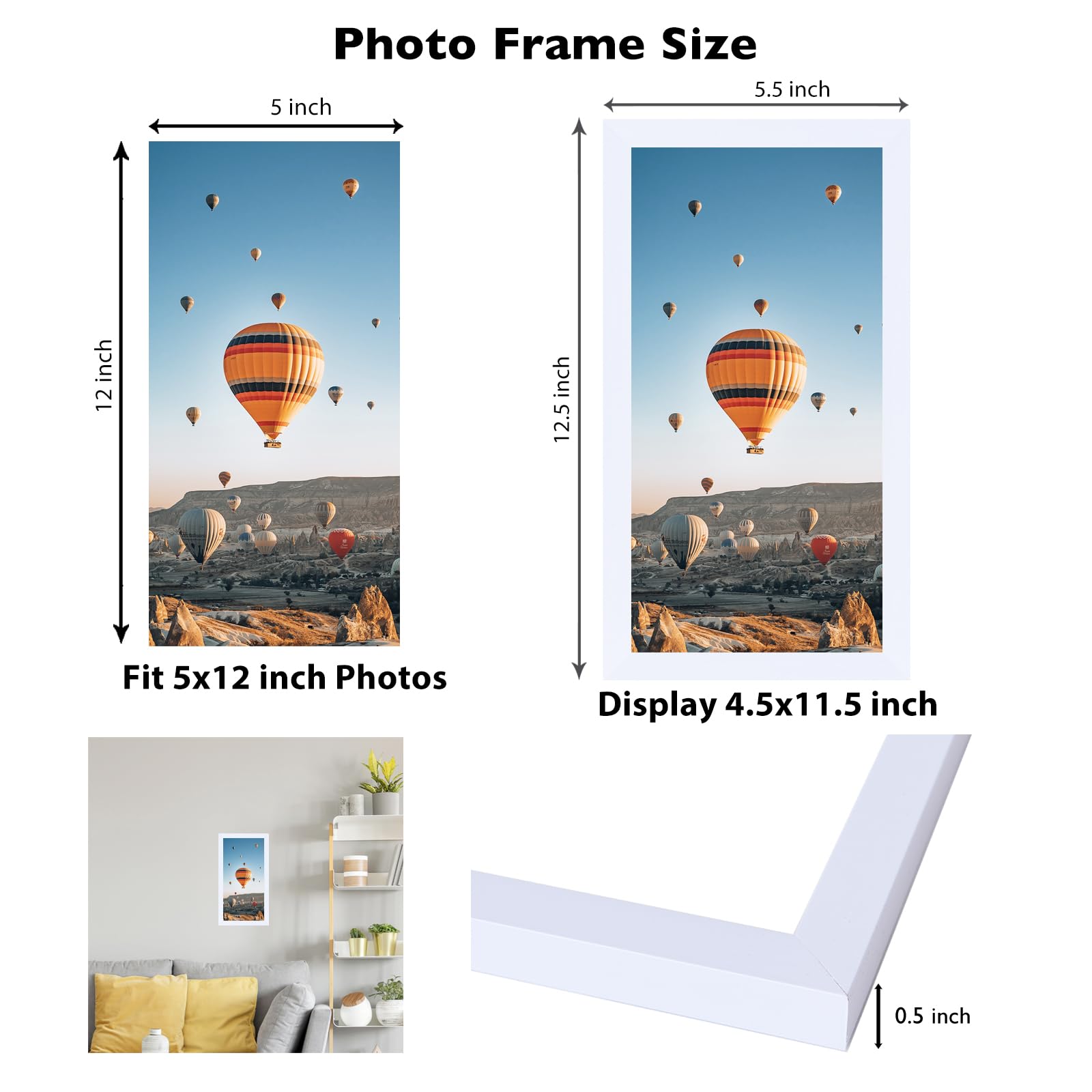 JCJMY 5x12 Picture Frame White for Wall Hanging or Tabletop, Wall Mounting Horizontally or Vertically, 5 x 12 Wall Gallery Poste